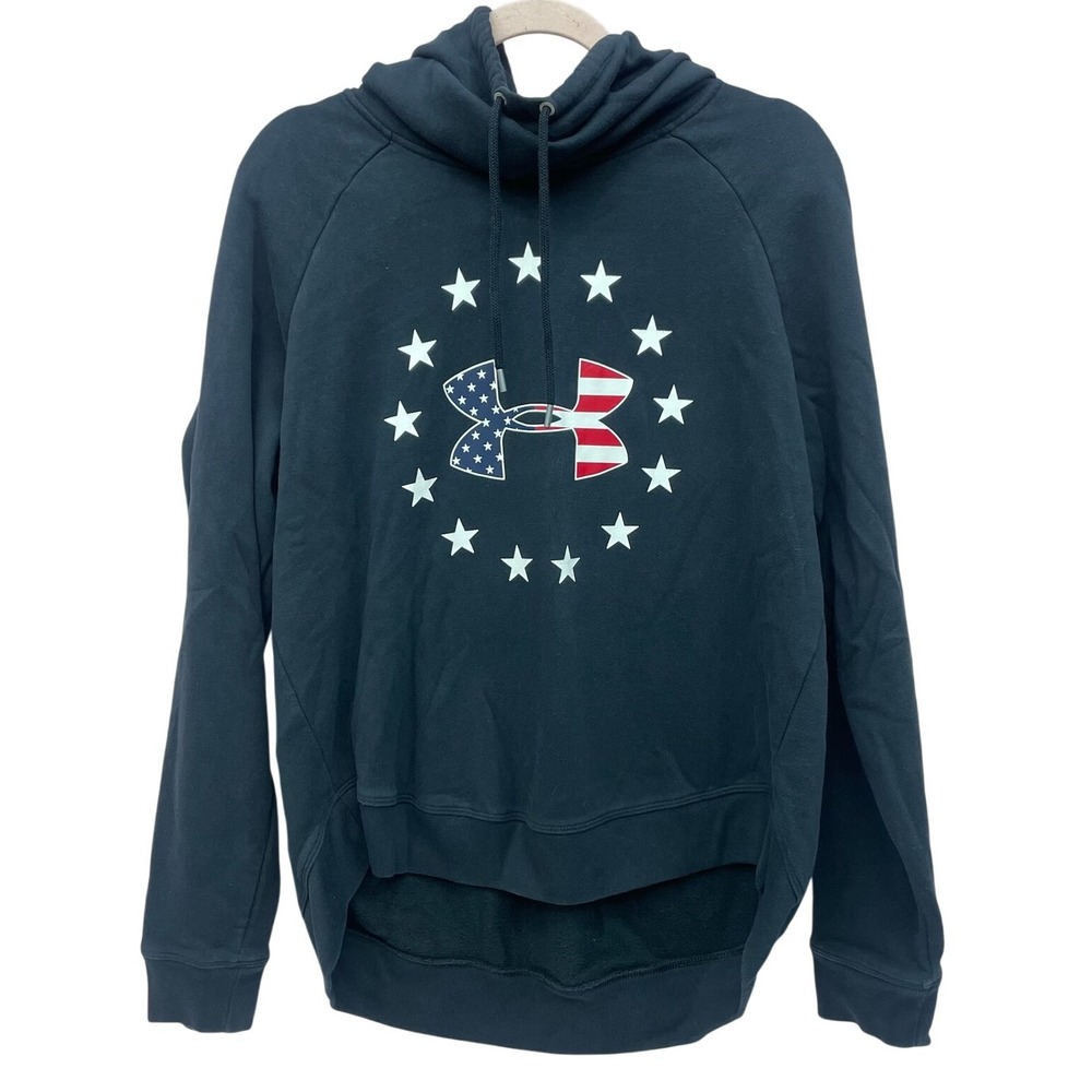 Under Armour Freedom Hoodie Womens Large Navy‎ USA Flag Logo High Low Pullover